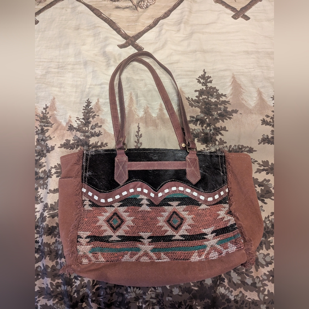 Myra Western Boho Bag Leather Cowhide Saddle Blanket Tapestry Side Pocket